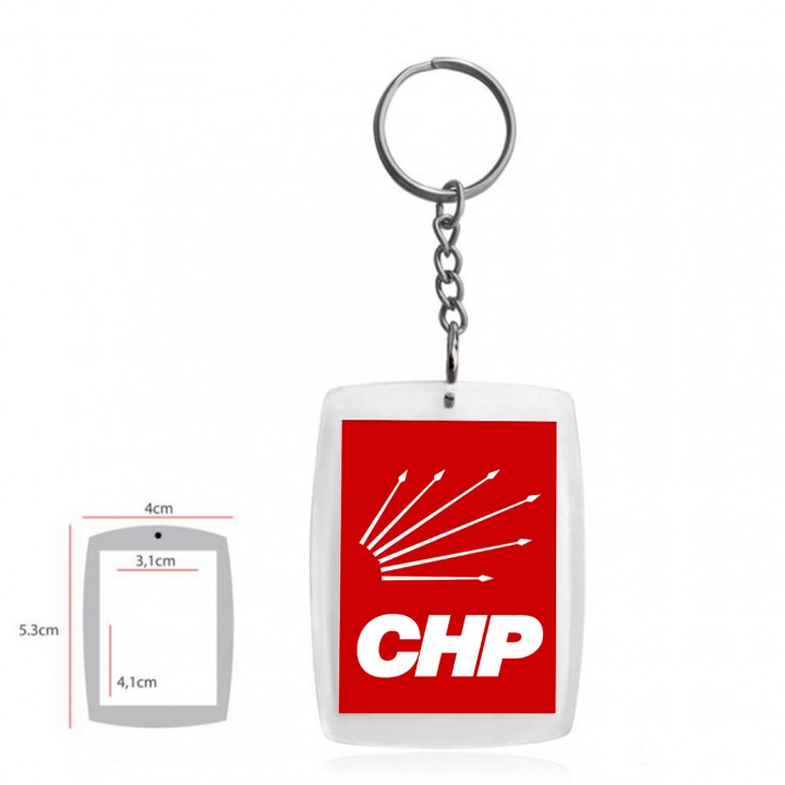 CHP Logolu Şeffaf Akrilik Anahtarlık 5,3x4 cm Zincirli Dikdörtgen Promosyon Model